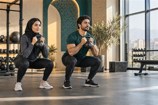دو ورزشکار ایرانی در حال انجام حرکت اسکوات با کتلبل